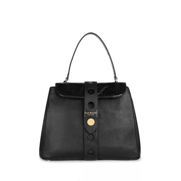 ISAAC MIZRAHI OLIVIA SATCHEL IN SOLID BLACK PEBBLED LEATHER. - Picture 1 of 16